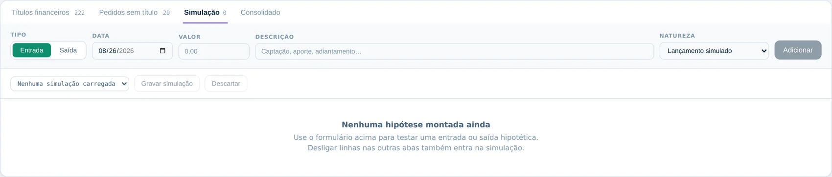 Aba de simulação com campos para descrição, valor e data de um lançamento simulado.